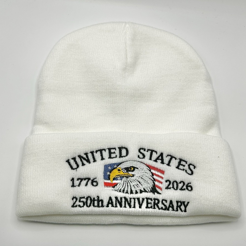 United States of American 250 Years USA Flag Beanie Hat Cap Knit Cuff White